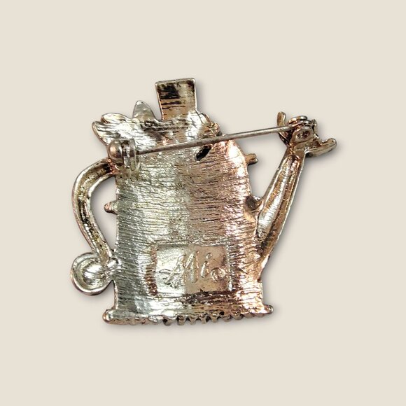 Vintage Watering Can Brooch With Pink  Floral Rhinestones & Silver-Tone Metal - Picture 4 of 4
